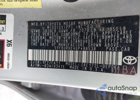 2016 Toyota Corolla L from USA, damaged, VIN 5YFBURHE4GP486538